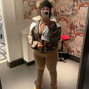 AKIRA Camouflage and Denim Bomber Jacket